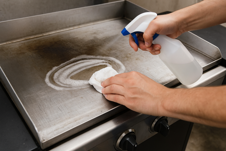 nettoyage-plancha-inox-main-spray-chiffon-mousse-grill